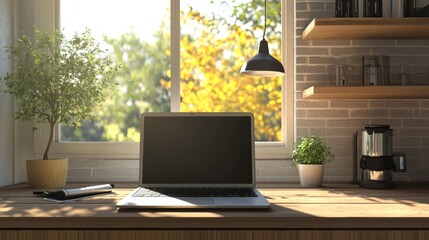 Fototapete - Open laptop with blank screen on a wooden desk in a kitchen room home office
