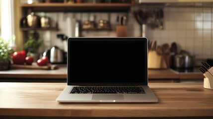 Fototapete - Open laptop with blank screen on a wooden desk in a kitchen room home office
