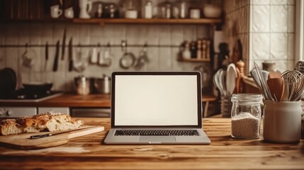 Fototapete - Open laptop with blank screen on a wooden desk in a kitchen room home office