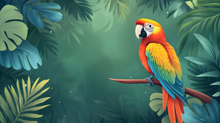 Wall Mural - Vibrant Tropical Parrot Perched Amid Lush Greenery and Foliage