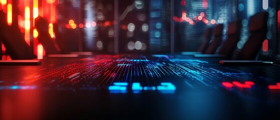 Poster - A futuristic tech workspace featuring a glowing surface with digital patterns, illuminated by red and blue lights, creating a high-tech atmosphere.
