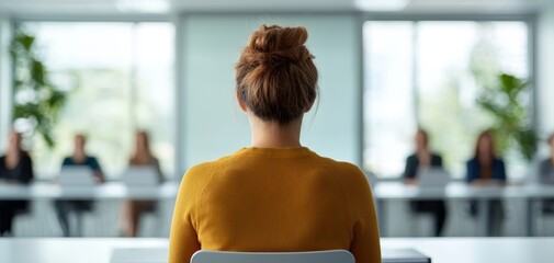 Poster - A woman in a yellow sweater sits in a meeting room, facing away from a group of people seated at a long table.