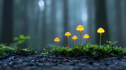 Aufkleber - Mystical and otherworldly glowing mushrooms thriving in the dark damp environment of an enchanted forest showcasing the hidden wonders and bioluminescent beauty of nature