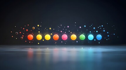 Poster - Enchanting glowing rainbow colored bubbles floating in a captivating dark space backdrop creating a whimsical and dreamlike atmosphere
