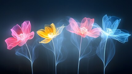 Leinwandbilder - Glowing floral patterns on a dramatic black background creating an and modern digital The vibrant luminous flowers seemingly glow with an ethereal energy