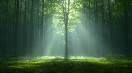 Poster - Captivating glowing light beams breaking through a dense fog in a dark and mysterious forest creating an enchanting and eerie atmosphere with a sense of magic and wonder