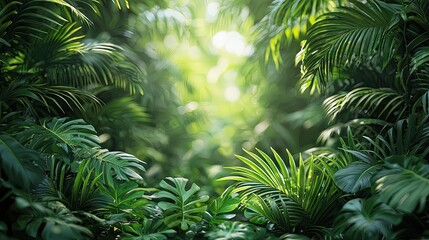 Wall Mural - lush green tropical foliage creates a serene atmosphere in a sunlit forest clearing surrounded by vi
