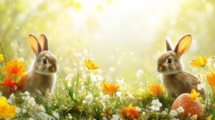 Two adorable fluffy bunnies in a sunny flower meadow with a bright decorated Easter egg, a sweet and festive spring scene