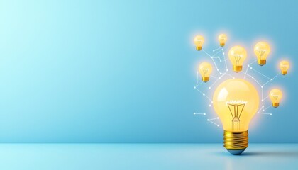 Poster - A glowing light bulb surrounded by smaller, illuminated bulbs against a blue background, symbolizing ideas and creativity.