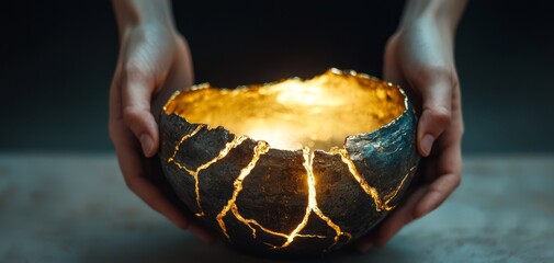 Poster - A pair of hands cradles a glowing, cracked bowl, emitting a warm light, symbolizing vulnerability and beauty in imperfection.