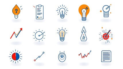 Poster - Six unique linear icons emphasizing growth and data tracking with visuals like progress bars graphs and pie chart Clean and modern art with a 16 9 aspect