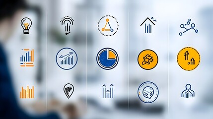Aufkleber - Set of 6 professional line icons for data visualization performance tracking and growth analysis featuring bar graphs pie charts and arrows in a 16 9 aspect