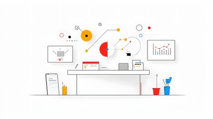 Fototapete - Collection of 6 linear icons focused on data optimization and growth analysis featuring icons for metrics report graphs and data visualization in a simple line style  Ideal for technology business