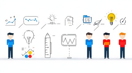 Fototapete - Comprehensive set of linear business icons representing key concepts such as teamwork growth target goals and innovation  These simple graphics are designed for use in web interfaces mobile apps