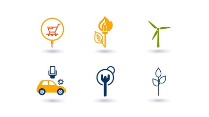 Poster - Comprehensive collection of clean energy icons featuring symbols for electric vehicle charging wind power solar panels and other sustainable technology solutions against a clean white background