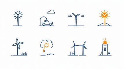 Poster - Comprehensive collection of clean energy icons featuring symbols for electric vehicle charging  wind power  and other sustainable technology solutions against a clean white background