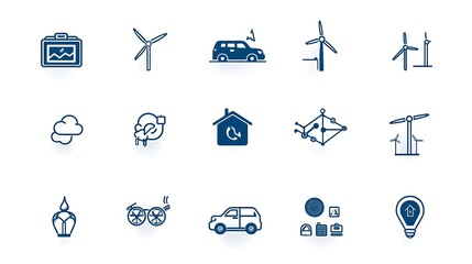 Poster - Comprehensive collection of clean energy icons featuring symbols for electric vehicle charging wind power and other sustainable technology solutions against a clean white background
