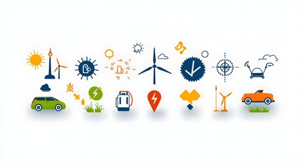 Poster - Comprehensive Collection of Clean Energy Icons Featuring Symbols for Electric Vehicle Charging Wind Power and Other Sustainable Technology Solutions Against a Clean White Background