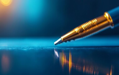 Poster - A close-up of a shiny pen resting on a reflective surface, illuminated by soft blue and orange lighting, creating an artistic and visually appealing effect.