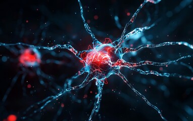 Poster - A close-up view of a neuron, showcasing its intricate structure with glowing blue and red elements against a dark background.