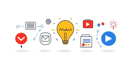 Fototapete - Collection of 6 minimalist linear icons depicting essential digital marketing elements like advertising targets social media influence online video content and more