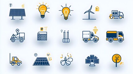 Poster - Comprehensive solar energy icon set featuring 15 minimalist outlines depicting various renewable power solutions including solar panel installation power grid connection wind turbines