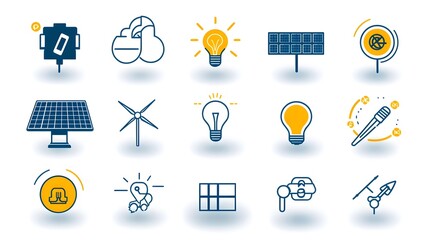 Poster - A collection of 15 minimalist outline icons showcasing various renewable solar power solutions  including solar panel installation  power grid connection  and sustainable energy technology concepts