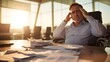 © milkyway - Frustrated Businessman Contemplating Problems at Desk in Warm Office Interior