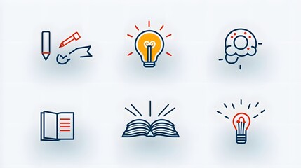 A comprehensive set of 6 linear icons that symbolize the concepts of knowledge learning and intelligence  The icons depict various elements such as a book a mind and creativity