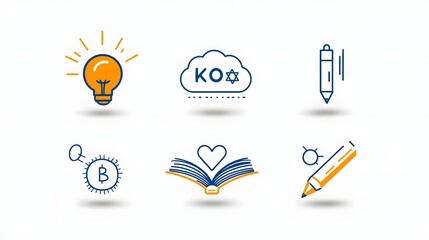 Poster - Comprehensive icon set featuring symbols that represent the concept of knowledge learning and intelligence  The set includes icons depicting a book a mind and creativity