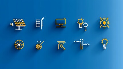 Poster - Comprehensive collection of 15 minimalist outline icons depicting various renewable power solutions including solar panel installation  power grid connection