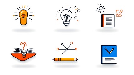 A comprehensive set of 6 linear icons that symbolize the concepts of knowledge learning and intelligence  The icons depict elements such as a book a mind and creativity