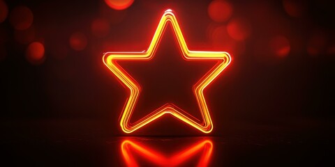 A bold neon star with rounded edges, glowing in fiery red, casting reflections on a glossy dark background