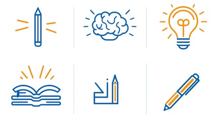 A comprehensive icon set featuring symbols that represent the concept of knowledge learning and intelligence  The set includes icons depicting a book a mind and creativity