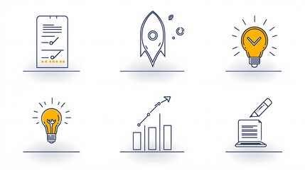 Leinwandbilder - Collection of 6 minimalist linear outline icons depicting various elements of corporate business strategies company growth and organizational goal planning