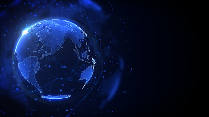 Leinwandbilder - Digital earth global data network connection rotating on the left side of blue space background. Technology futuristic world map sphere with lens flare illustration background.