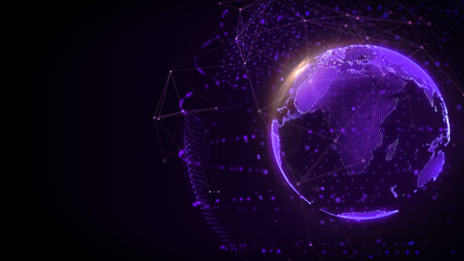 Leinwandbilder - Digital Purple 3D Hologram Flare Ring Earth Rotating In Cyberpunk Theme Universe Background. Blur Dot Data Structure Cover On Planet System Communication Concept illustration.