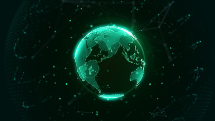 Leinwandbilder - Digital global network solution platform with data connection transfer concept. Green earth planet spinning on the center of galaxy space illustration.