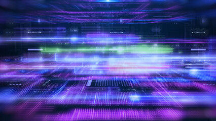 Fototapete - Technology digital grid line hologram big data vertical landscape view concept. HUD UI system hologram, ai construction illustration.