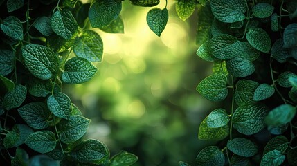 Wall Mural - lush green leaves frame a vibrant sunlight passage in a forest during the golden hour