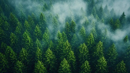 Wall Mural - lush green coniferous forest shrouded in mist early in the morning