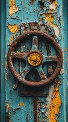Aufkleber - The rich textures of a rusty metal wall reveal stories of age and neglect, with vibrant blue and yellow hues contrasting against peeling paint, showcasing a forgotten industrial past