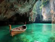 © uswatun - Wooden boat floats on a turquoise sea in a rocky cave landscape with lush vegetation
