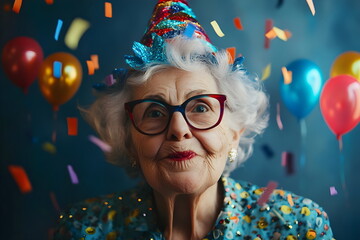 Portrait of a grandmother in a birthday hat isolated on a blue background