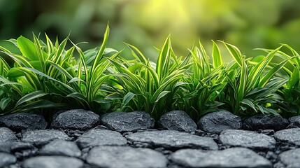 Poster - Lush green plants growing alongside black stones in a tranquil garden setting during daylight