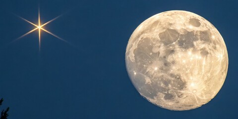 A close-up shot of a single star shining brightly against the gentle glow of a full moon, luminous, star, astronomy