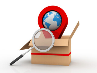 Fototapete - 3d rendering Red map pointer in card box