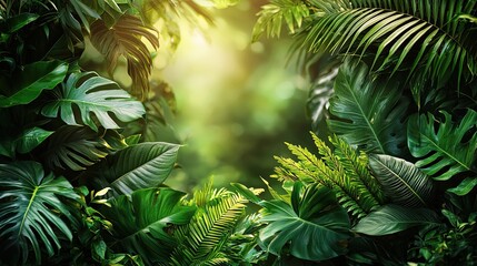 Wall Mural - lush green tropical foliage illuminated by soft sunlight in a serene jungle setting