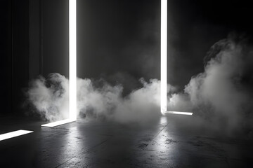 Wall Mural - abstract white smoke on black background with fog and light rays in a dark room with concrete floor,