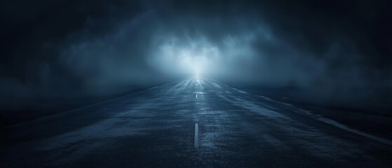 Poster - A mysterious, dark scene featuring a bright light emerging from fog over calm waters, creating an ethereal and tranquil atmosphere.